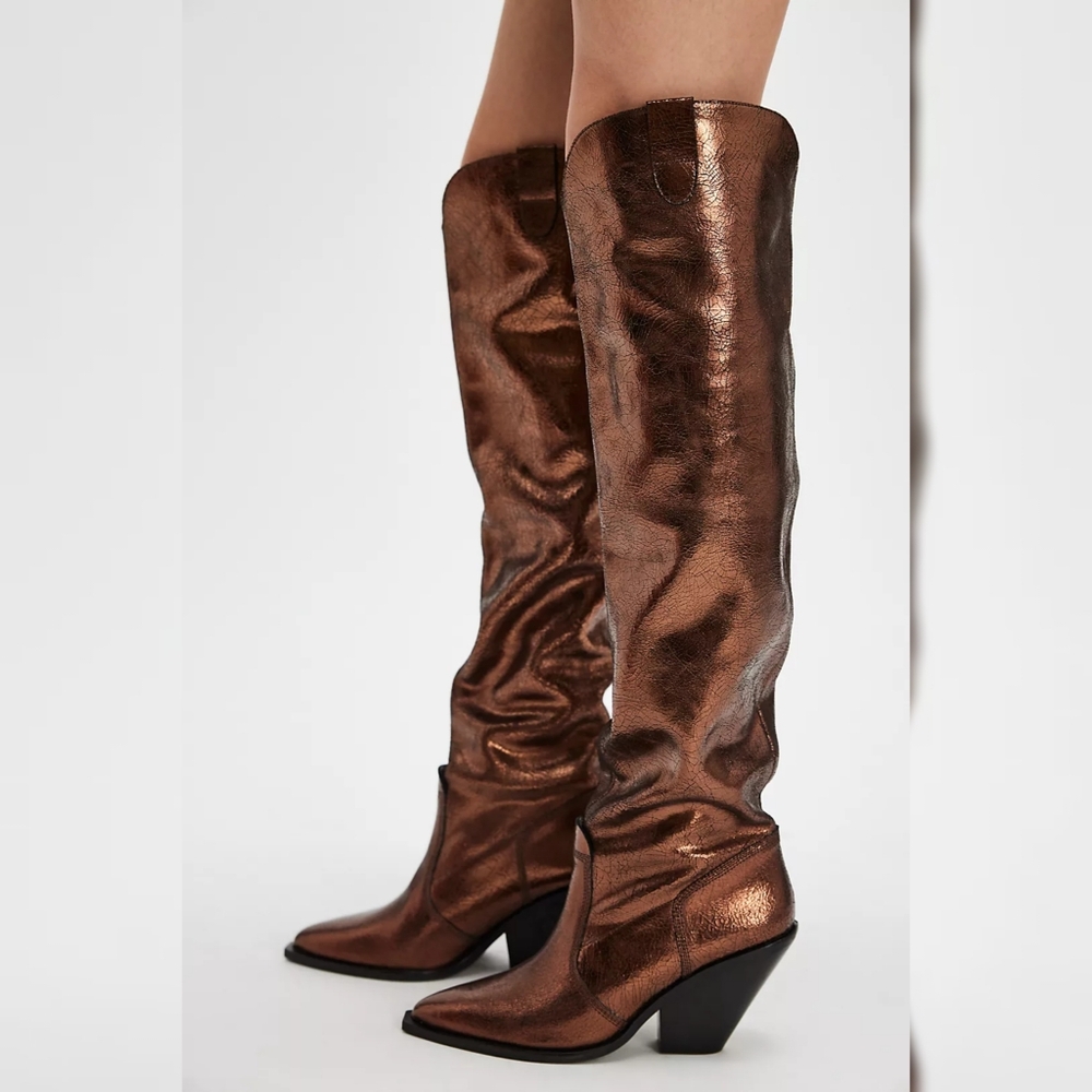 Free People Triple Crown Over the Knee Boot Bronze Metallic Women's Size 8